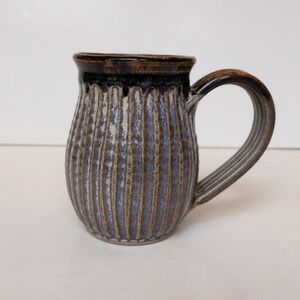 Artisan Handmade Pottery Stoneware Coffee or‎ Tea Mug - Ribbed Blue Gray Brown